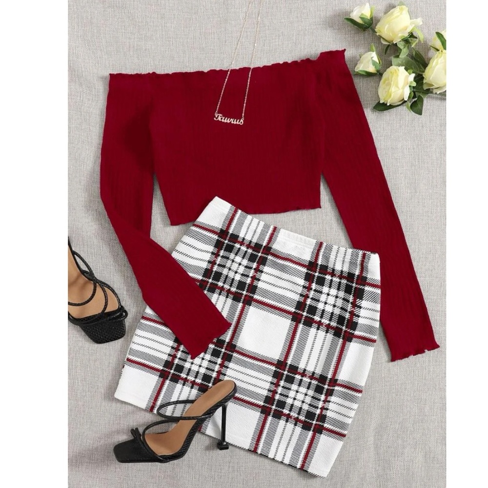Off shoulder top & tartan Skirt ๐ - Picture 1 of 4